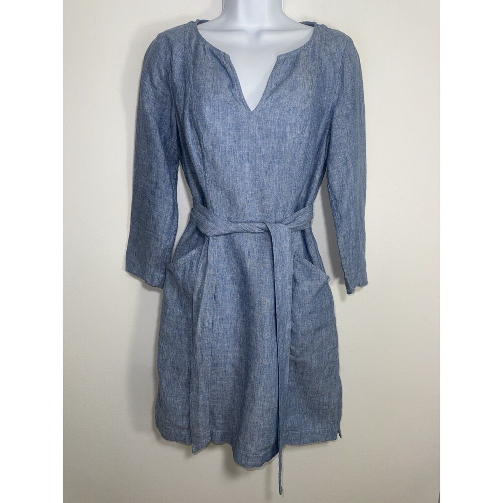 Boden Kelsey Linen Tunic Mini Dress Women 4R Blue Chambray Pocket 3/4 Sleeve